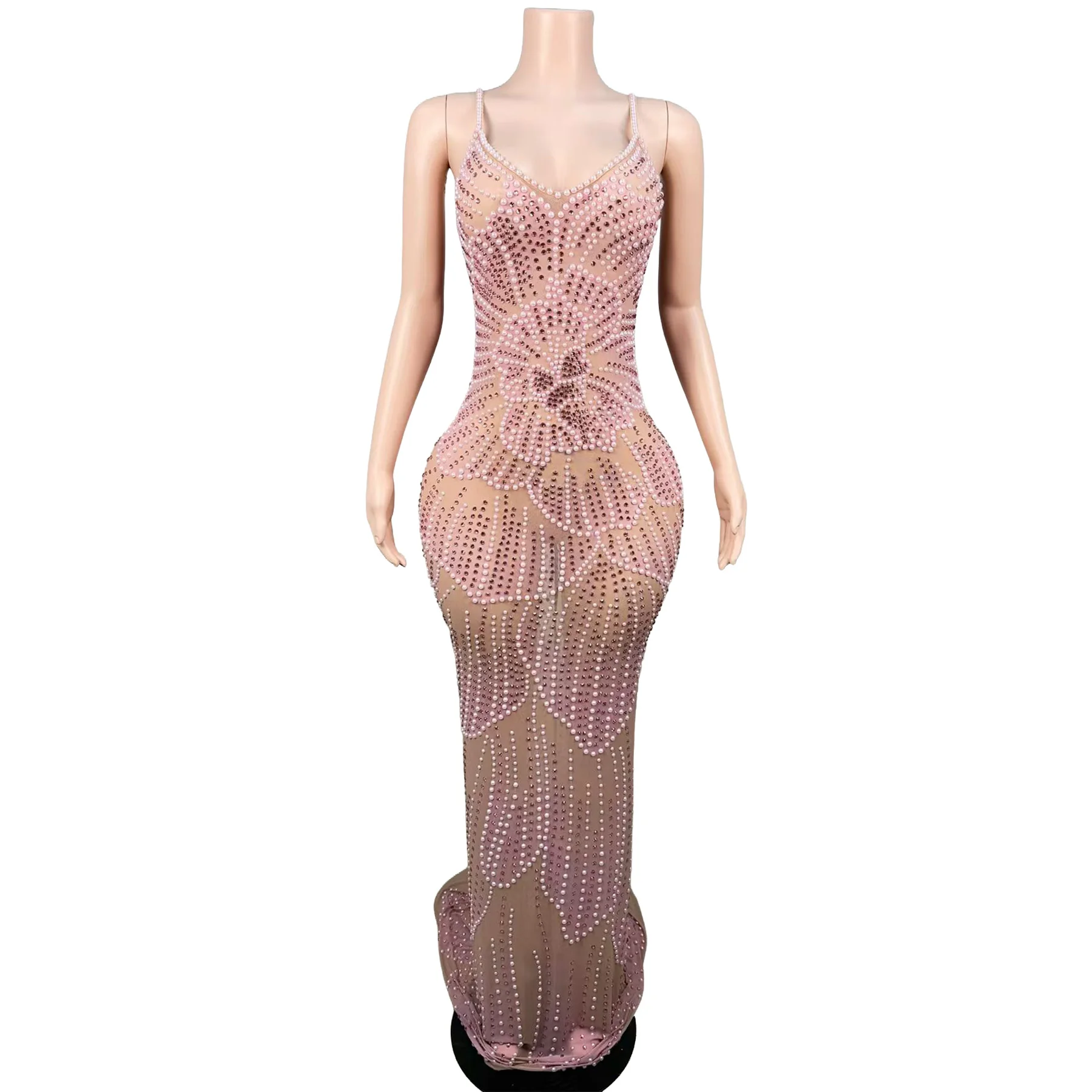 Shaoyao Women Spaghetti Strap V Neck Mermaid Gown Sheer Mesh Pink Rhinestone Floral Embellished Long Formal Evening Party Dress