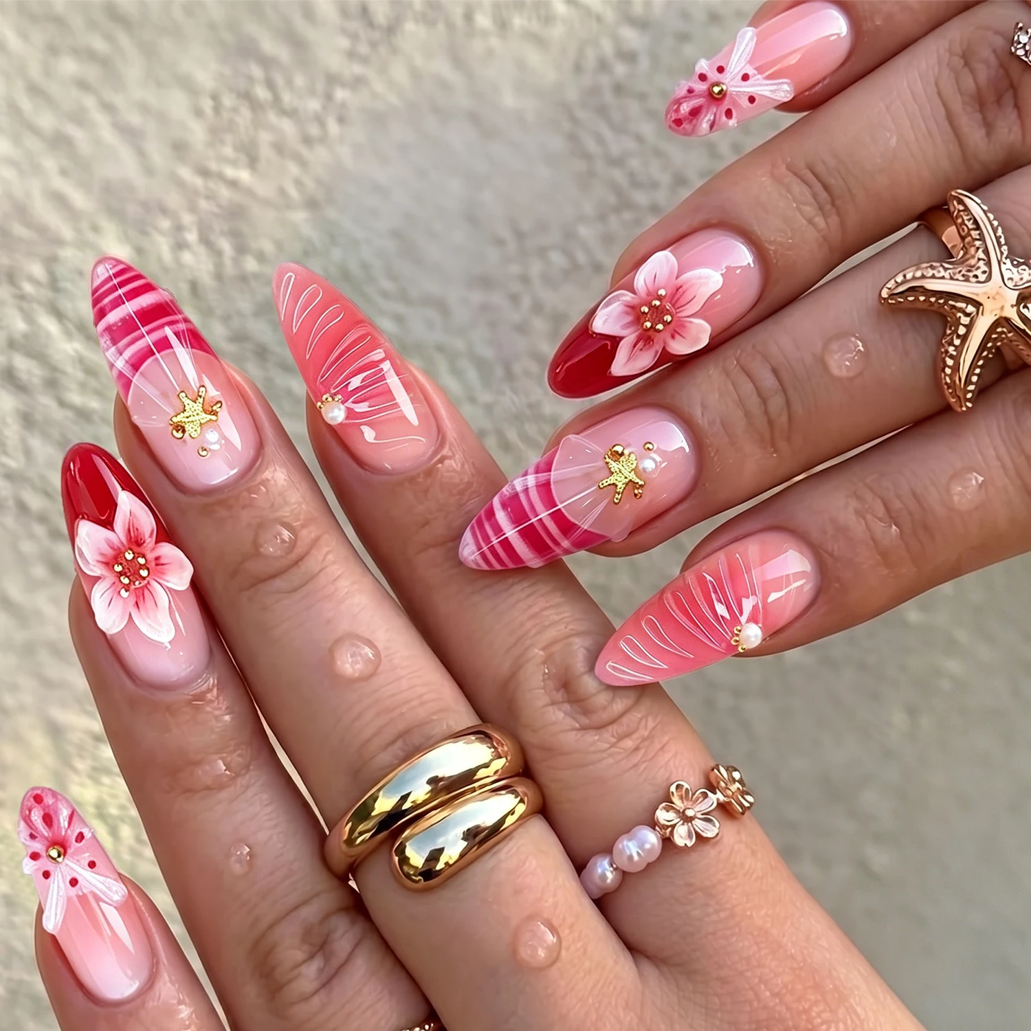 Nail Art Ombre Pink - 1箱 ピンクオンブレ 3Dフローラルジェルプレスオンネイル シェルアクリルフェイクネイル エレガントパーティーアートつけ爪 ジェリーグルー＆ファイル付き