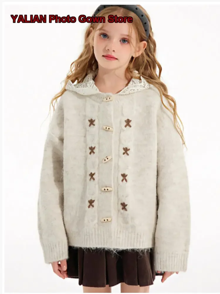 Girls Hooded Knit Jacket Solid Color Thickened Warm Fashionable Outwear Older Kids Fall Winter 2026