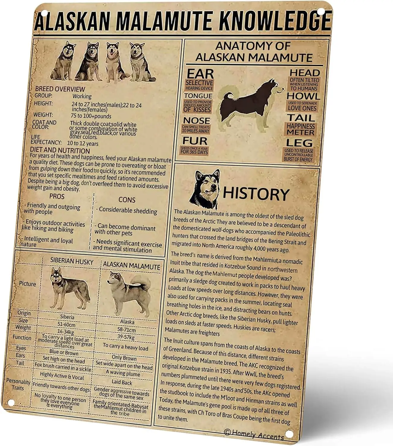 Pancarte en métal vintage Alaskan Malamute, décoration amusante pour la ferme, la maison, le bureau, la salle de bain, cadeau pour les passionnés de Malamute