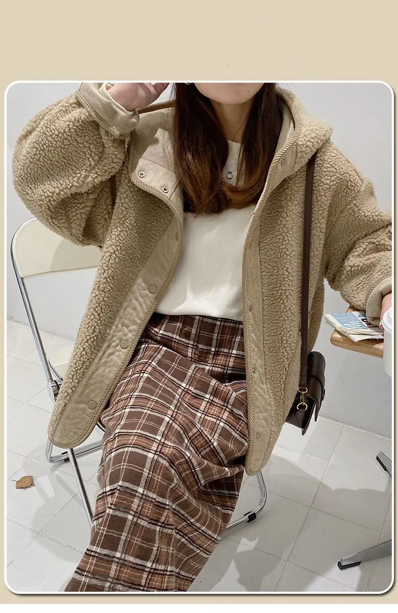 Lamb Wool Coats Women Hooded Full Sleeve Jackets Single Breasted Mid Length Coat Autumn Winter Solid Open Stitch Outerwear