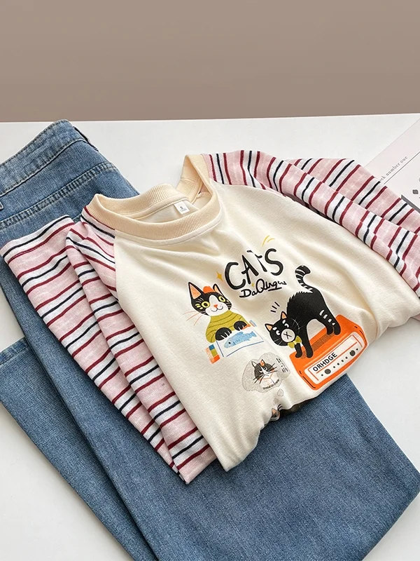 Cartoon  Print Long Sleeve T-Shirt Women's Fashionable Autumn Winter New Style Shoulder Insert Striped Top Breathable Poly...