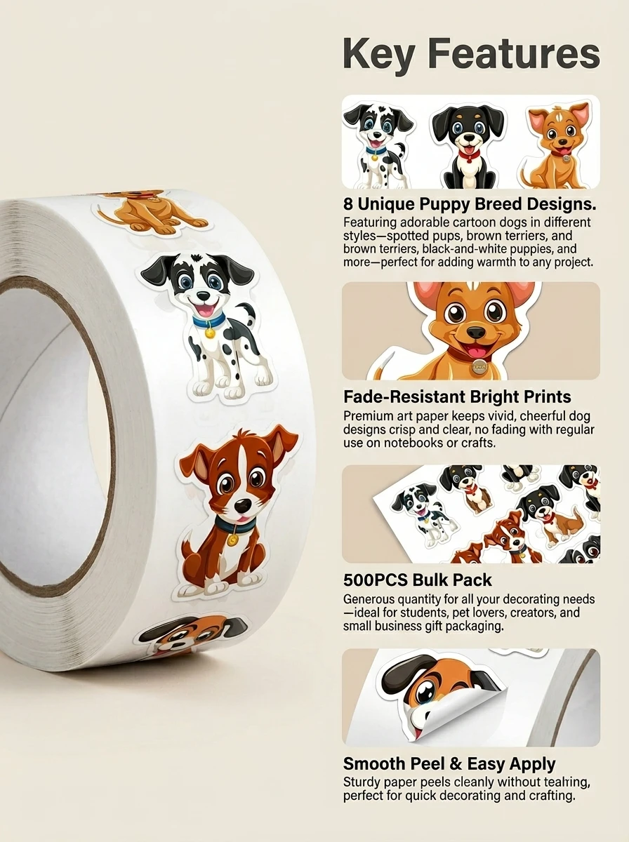 500Pcs/Roll Cute Pet Dogs Stickers 2.5cm/1.0'' 8 Designs Decals Diy Adorn Gifts Suitable for Various Packaging Home Decoration