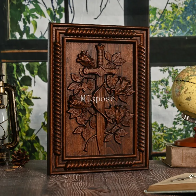 Vintage Solid Wood Carved Old Rose and Sword Wall Ornaments Photo Frame Home Decoration
