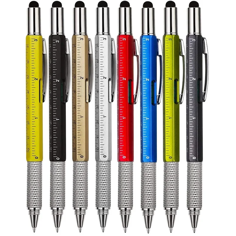 7 in 1 Multifunctional Pen Touch Screen Stylus Capacitive Pen with Screwdriver Ruler Levelgauge Refillable Ballpoint Pencil Tool