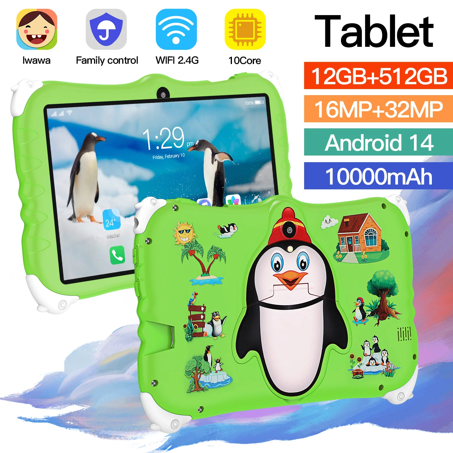 10.1 Inch Kids Tablet Android 13 WIFI6 Quad Core Processor 6GB RAM 128GB ROM YouTube with Protective Case Tablet PC For Children