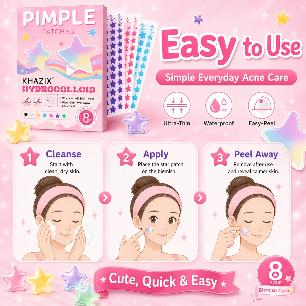 280 pegatinas - Pegatinas coloridas con forma de estrella para espinillas - Pegatinas de hidrogel anti-espinillas - Pegatinas invisibles anti-espinillas - Absorben y reparan