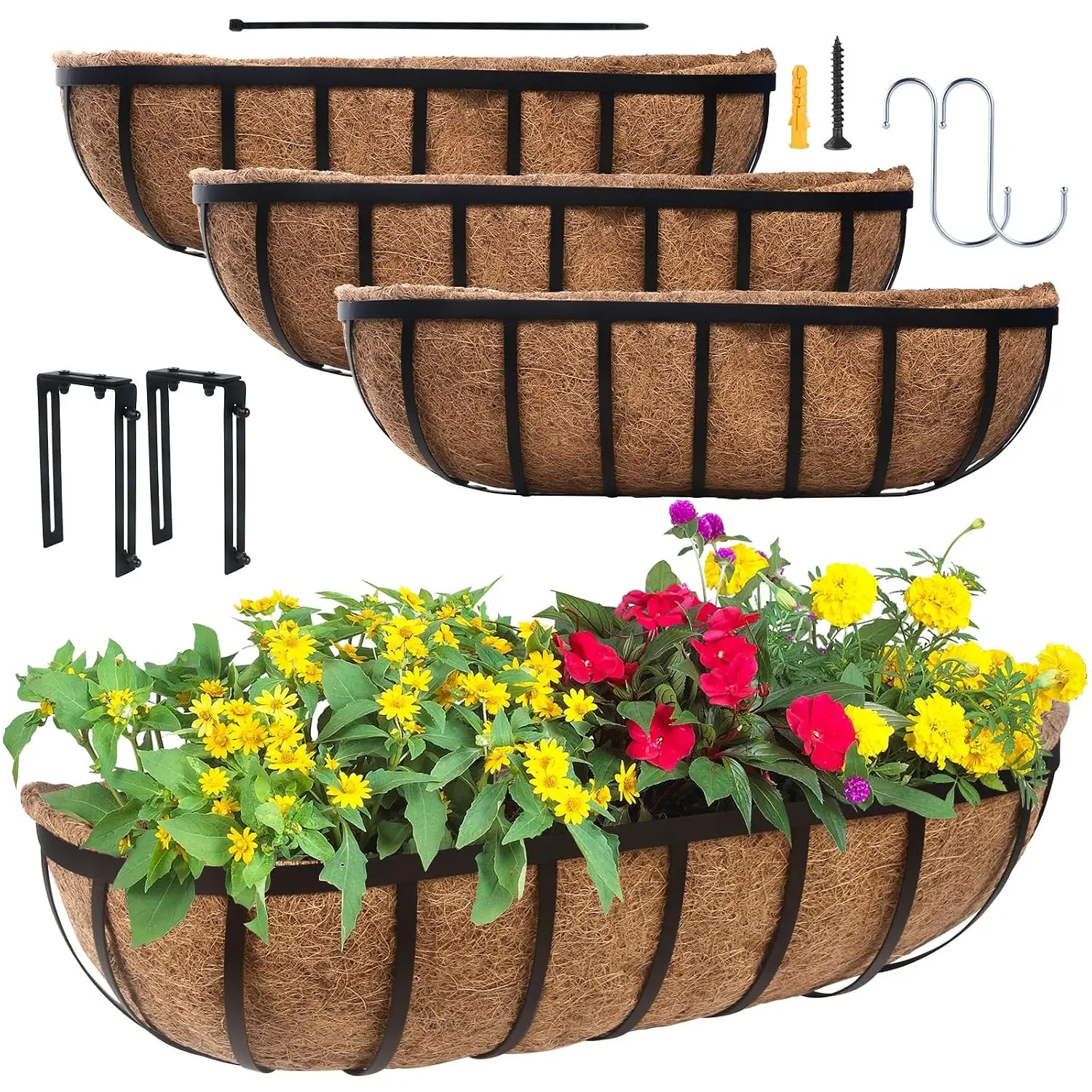24 Inch Railing Planter 4 Pack - Adjustable Metal Window Box Planter with Coco Liner for Deck Balcony Porch Fence -, Customized