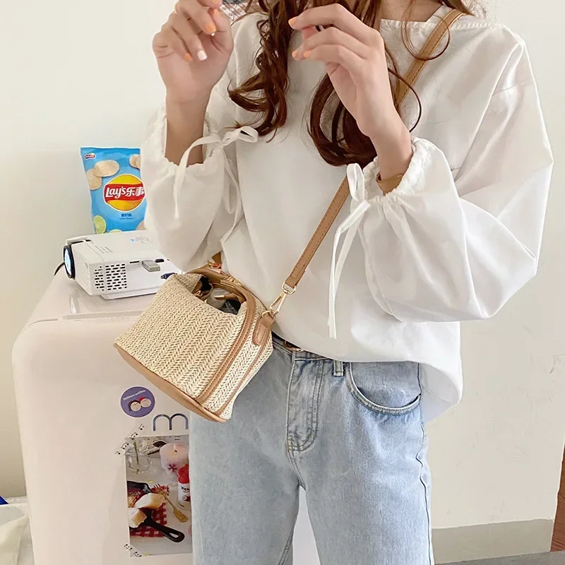 Summer Woven Bucket Bag Small Straw Handbags Large Capacity Trendy Single Shoulder Bag Adjustable Strap Girls Casual Tote Bag