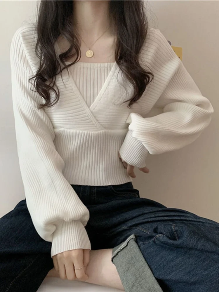 

Knitted Crop Sweaters Women Pullovers Vintage Casual Design Knit Tops Autumn Solid Korean Fashion Fake Two-piece