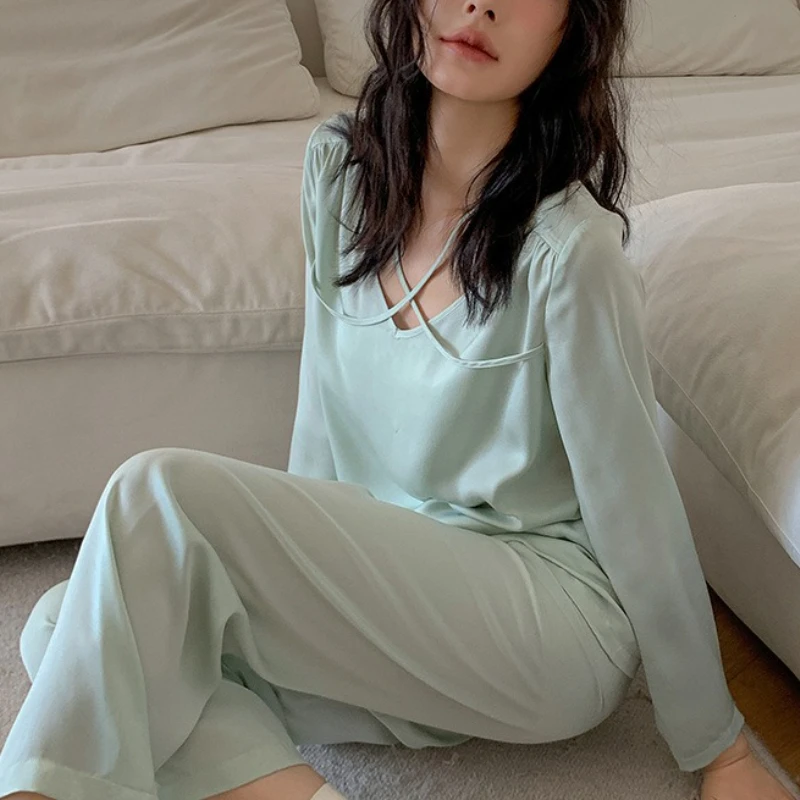 

Krismile Water Green Women's Pajama Sets 2025 New Hollow Sleepwear Long Sleeve Tops Solid Casual Lazy Straight Length Pans
