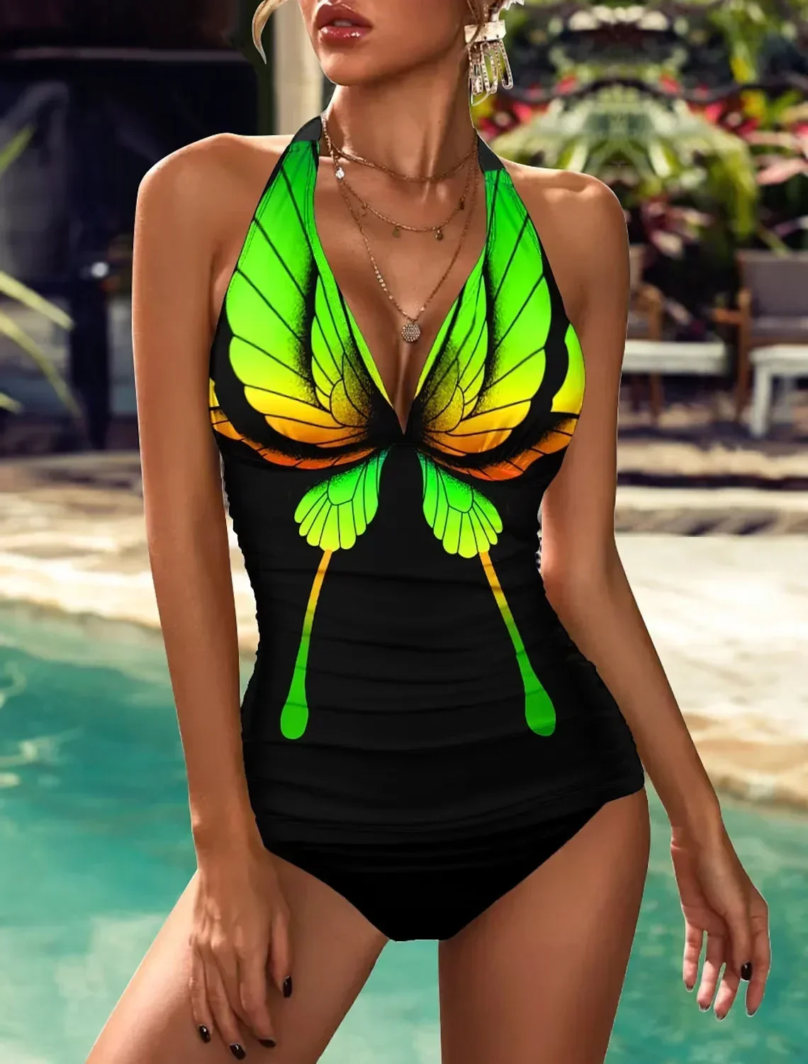 

New Summer Women's Fluorescent Big Butterfly Printed Tank Top and Shorts Two Piece Swimwear Lace Up Sexy Beach Set S-5XL