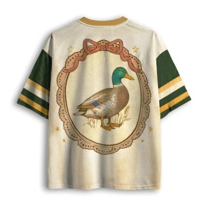 Vintage Framed Mallard Duck Bow Print Men V Neck Mesh Jersey Retro Animal Short Sleeve Tops