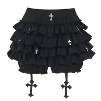 Women Skirts Tiered Ruffles Mini Skirt with Cross Charms Built-in Shorts Kawaii Sukapan Skort Gothic Punk Coquette Y2K E-girl - Image 5
