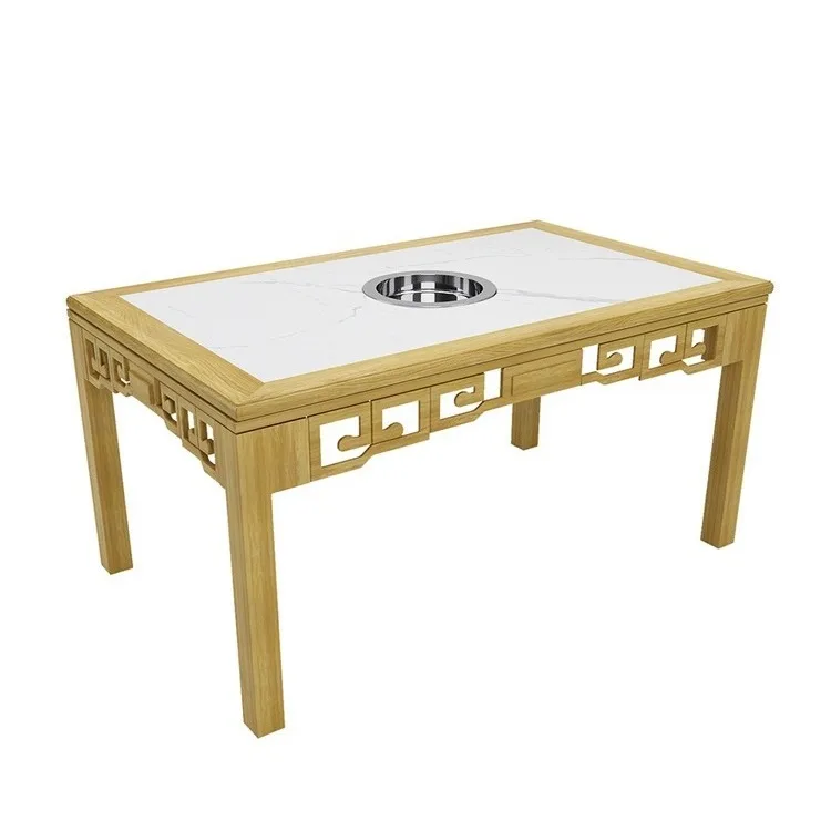

Chinese solid wood hot pot table marble dining table and chair combination induction cooker barbecue table and chair