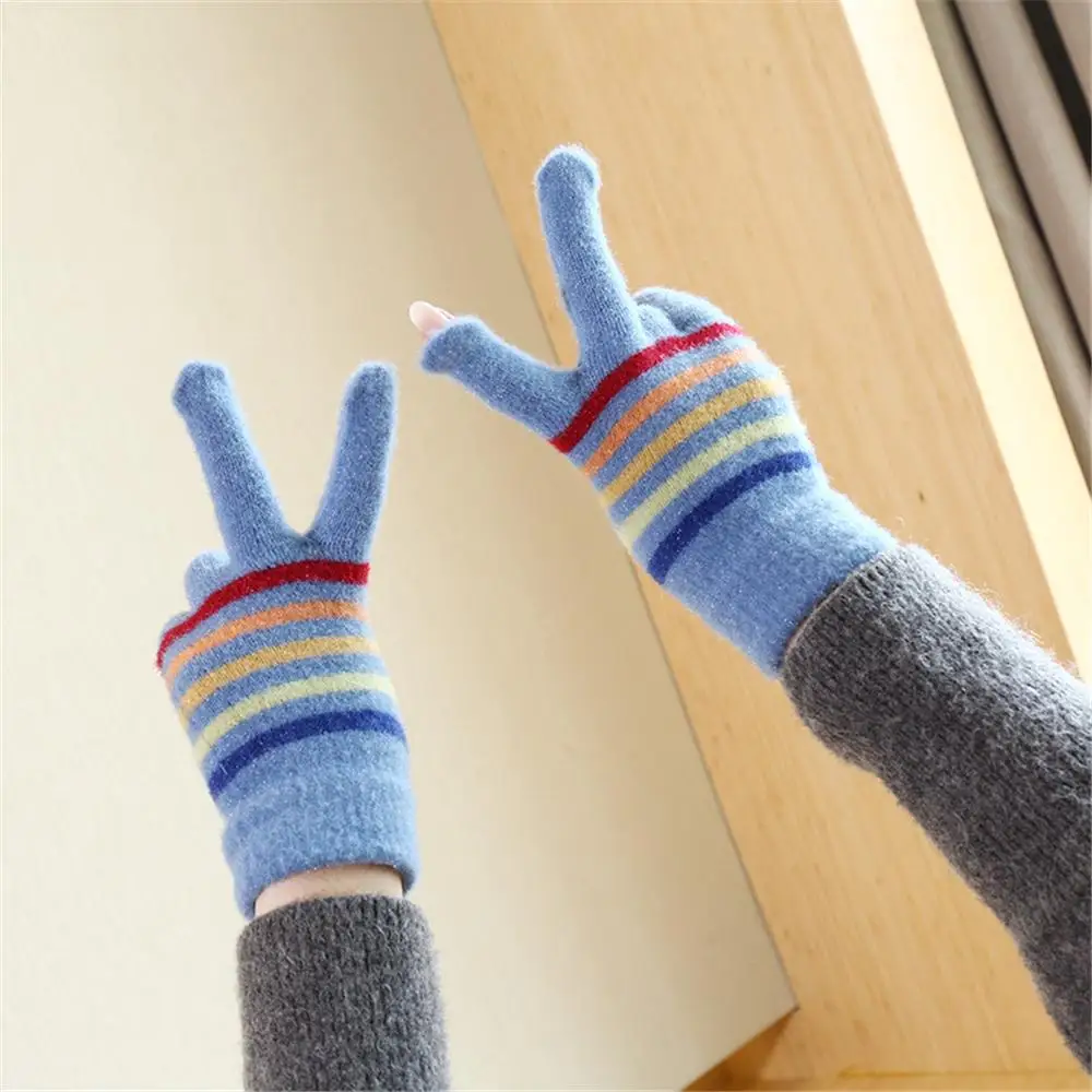 New Rainbow Striped Knit Gloves Winter Warm Unisex Students Gloves with Small Openings on Fingers Touchscreen Gloves