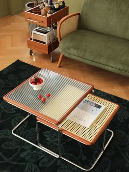 Retro mittelalter lichen Stil Rattan Couch tisch Glas Beistell tisch Wohnzimmer Ecke Couch tische Kombination Tisch einfaches Design