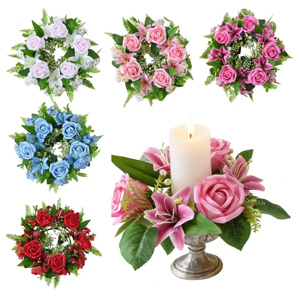 

Artificial Floral Wreath for Front Door Realistic Large Rose Lily Flower Wreath with Leaves for Spring Valentine's Mother's Day