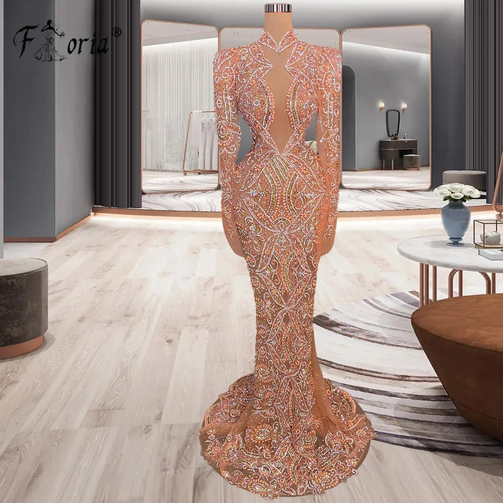 Perline di cristallo di lusso abiti da sera a sirena perle fatte a mano Couture oro rosa manica lunga Dubai Party Prom Gown Vestidos Gala