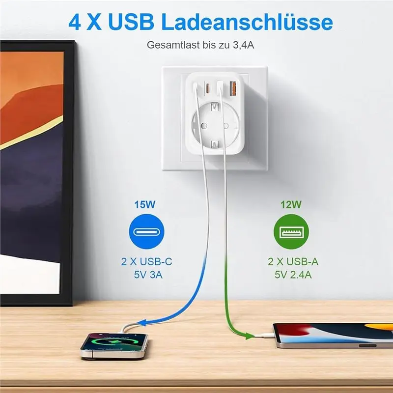 【EFFICIENT 】Double Plug For Socket, Power Strip 2-Way For Socket Adapter(4000 W 16 A), Including 2 USB A And 2 USB C EU Plug