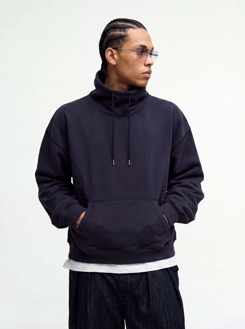 Mock Neck Hoodie für Herren und Damen, gewaschen, kurz geschnitten, kastig, Oversize-Pullover mit Kängurutasche, Vintage Streetwear, lässiger Sweatshirt – Detail 2