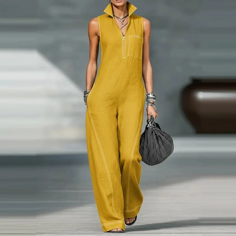 

Summer Sleeveless High Waist Wide Leg Rompers Casual Women's Simple Playsuits Fashion Color Blocked Flip Collar Denim Jumpsuits