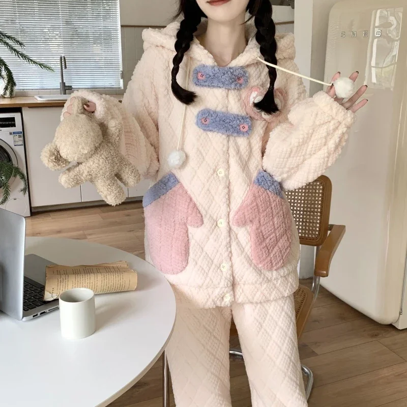 Coral Velvet Pajamas Women with Velvet Thickened Princess Style Ins Student Dormitories Can Be Worn Outside The Home Suit Set