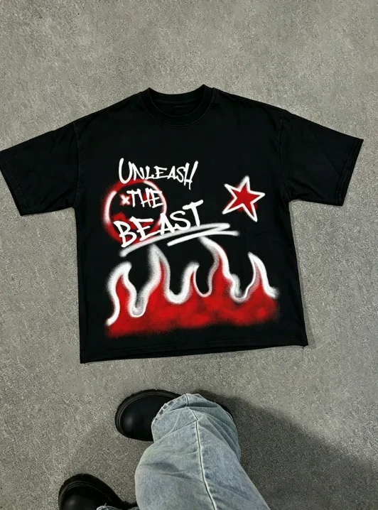 2026 Men Unleash The Beast Graffiti Graphic T Shirt Flame Star Print Acid Wash Crewneck Tee