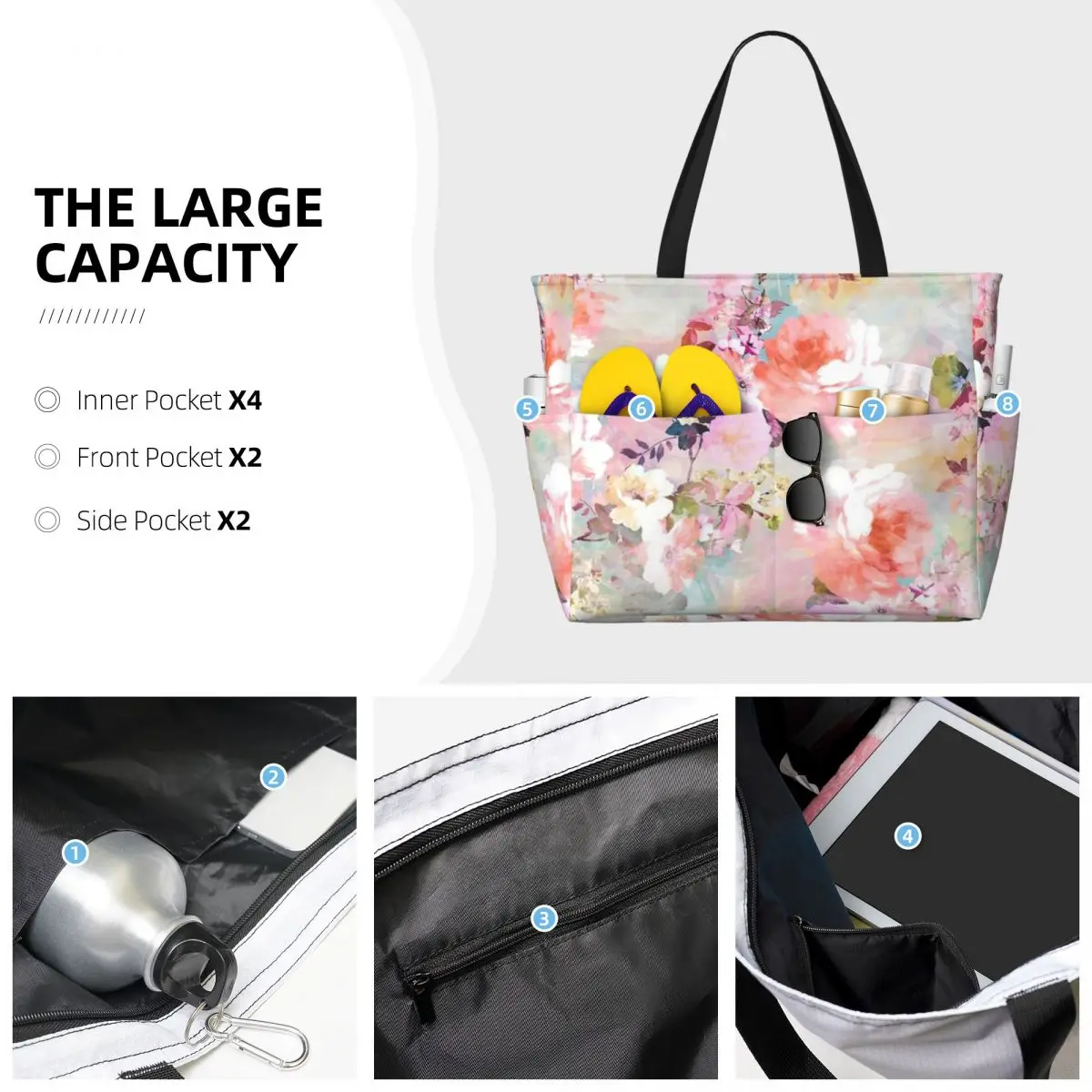 Romantic Pink Teal Watercolor Chic Floral Beach Travel Bag, Tote Bag Popular Large Capacity Travel Birthday Gift Multi-Style