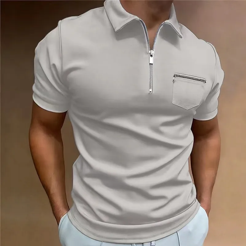 2023 Summer Trip Men\'s Casual Short-Sleeved Polo Shirt Chest Zipper Pocket T-Shirt Men\'s Breathable Polo Shirt Men\'s Clothing