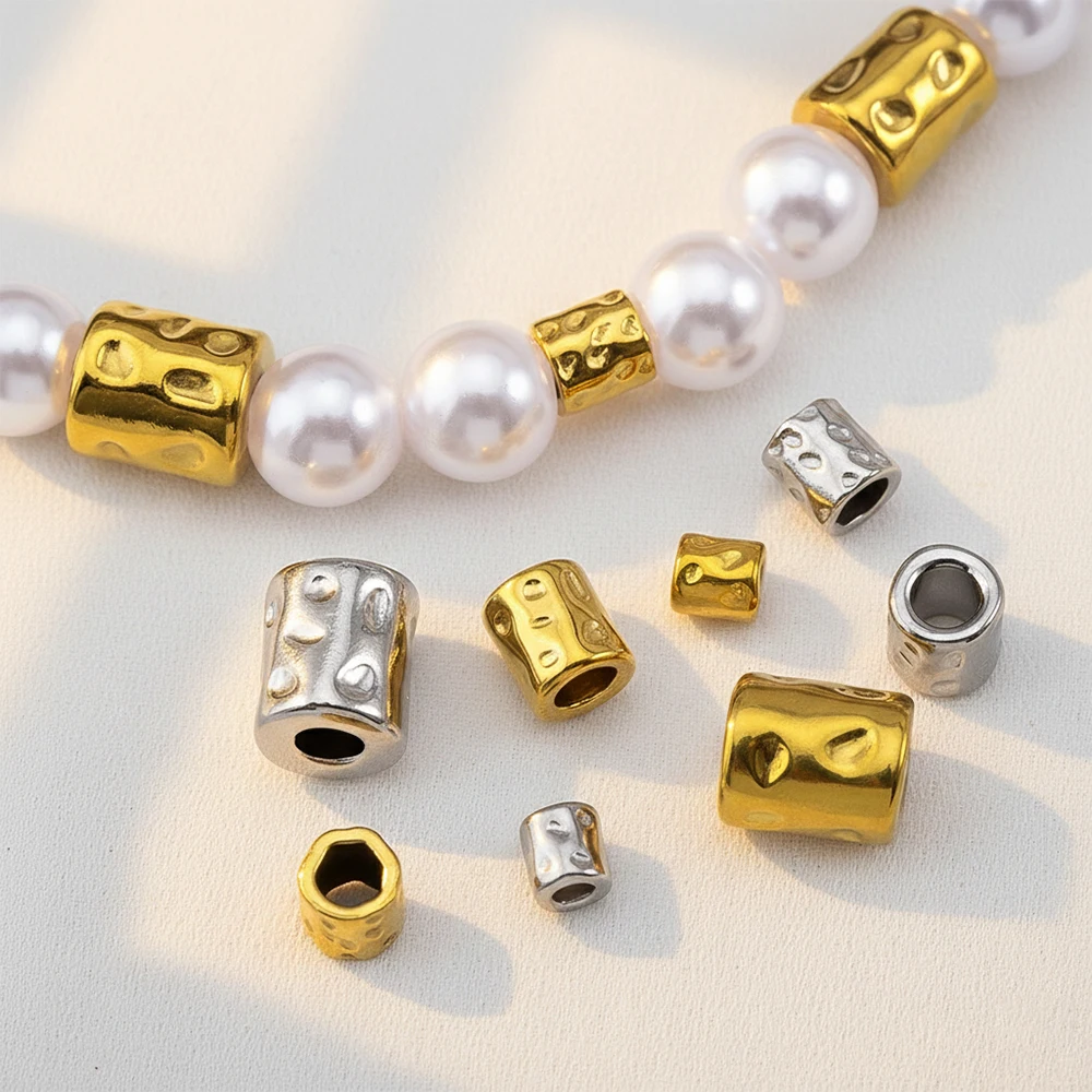 

10pcs/lot Stainless Steel Round Oval Dot Textured Cylindrical Spacer Beads for DIY Needlework Apparel Bracelets Jewelry Making