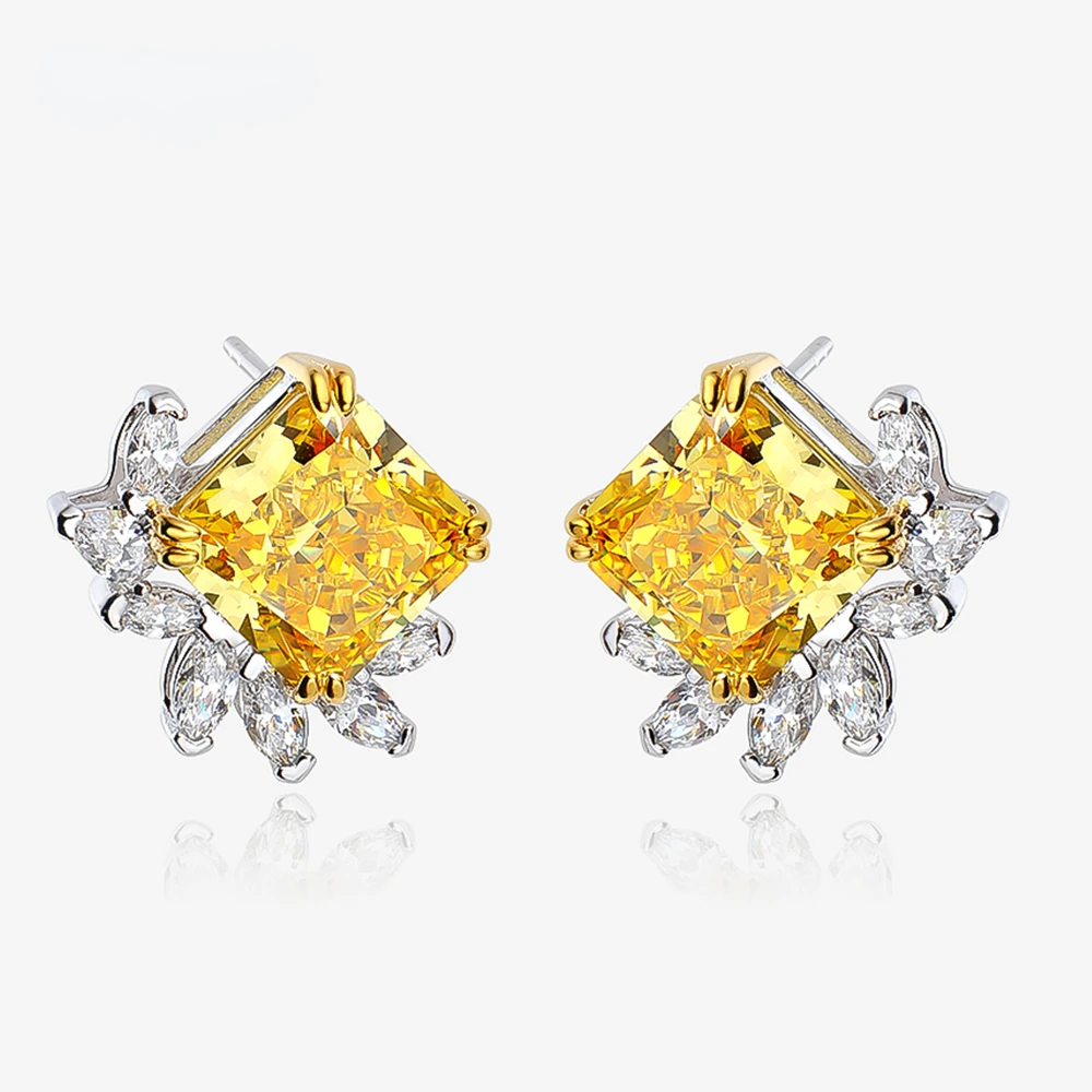 Karloch 11 Carats Square Yellow AAAAA+ Zircon Flower Stud earrings for women Real 925 Sterling Silver Wedding Bride jewelry