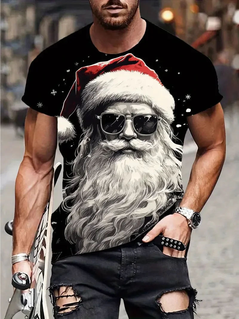 

Funny Santa Claus Print T Shirt For Men Fashion New Year Streetwear Casual O-neck Short Sleeve Loose Tops Hip Hop X'mas Clothing