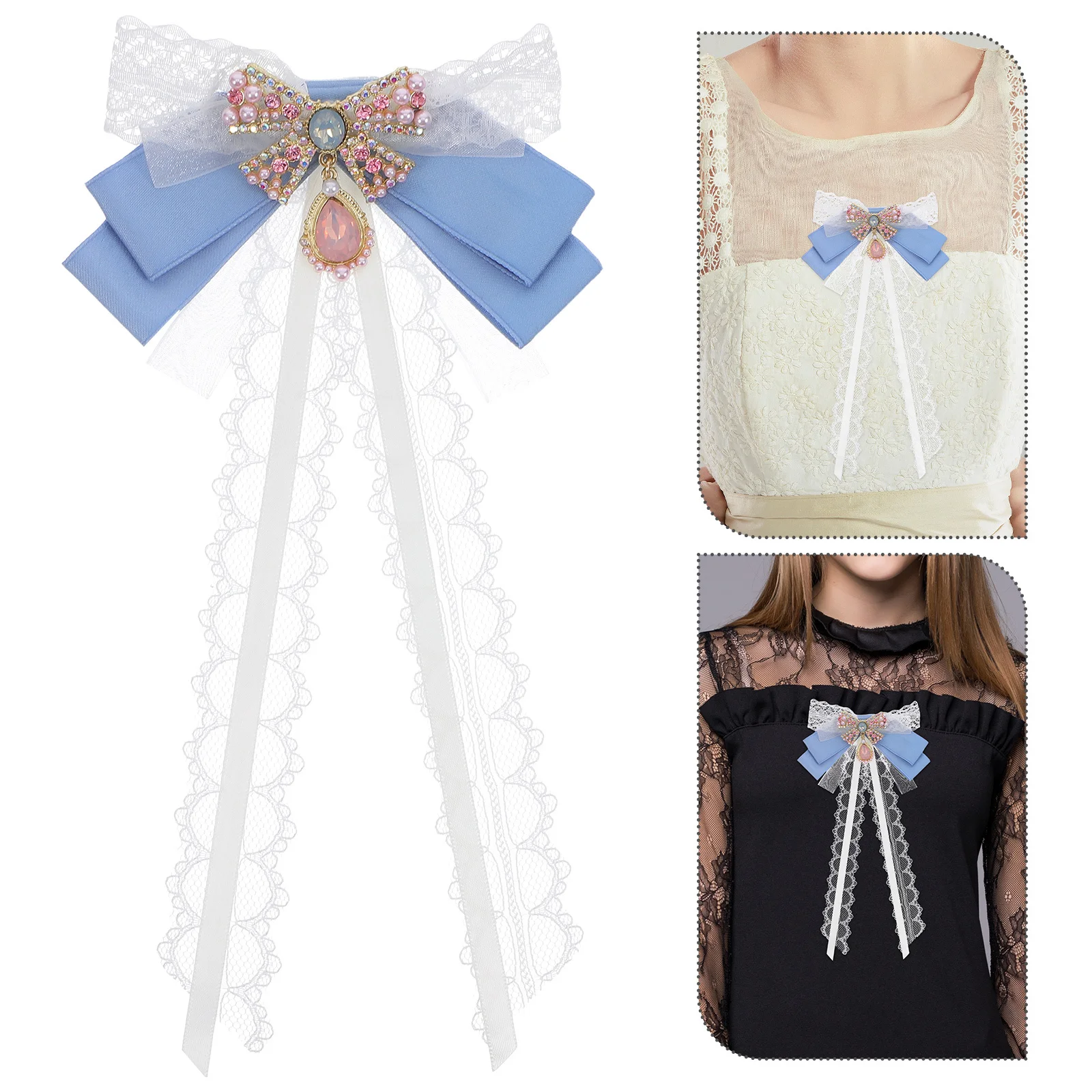 

Lace Bowknot Brooch Pin Pre-Tied Elegant Lolita Bow Ribbon Neck Tie for Women Dresses Shirts Party Accessories