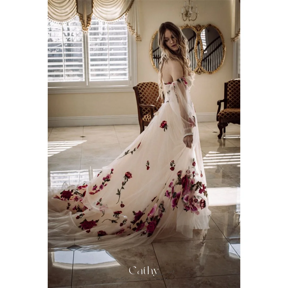 Cathy Off the Shoulder Prom Dresses Floor-length A-line vestidos de fiesta Elegant Puffy Sleeves Long Train Evening Dress 2024