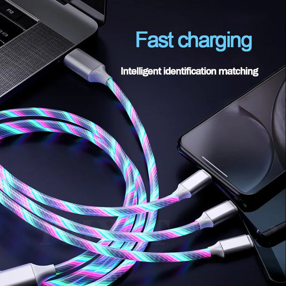 C? Ble De Charge Rapide 3 En 1 Avec? Clairage Led, 3a, Micro Usb Type C, Pour Iphone, Samsung, Xiaomi, Chargeur De Téléphone, L