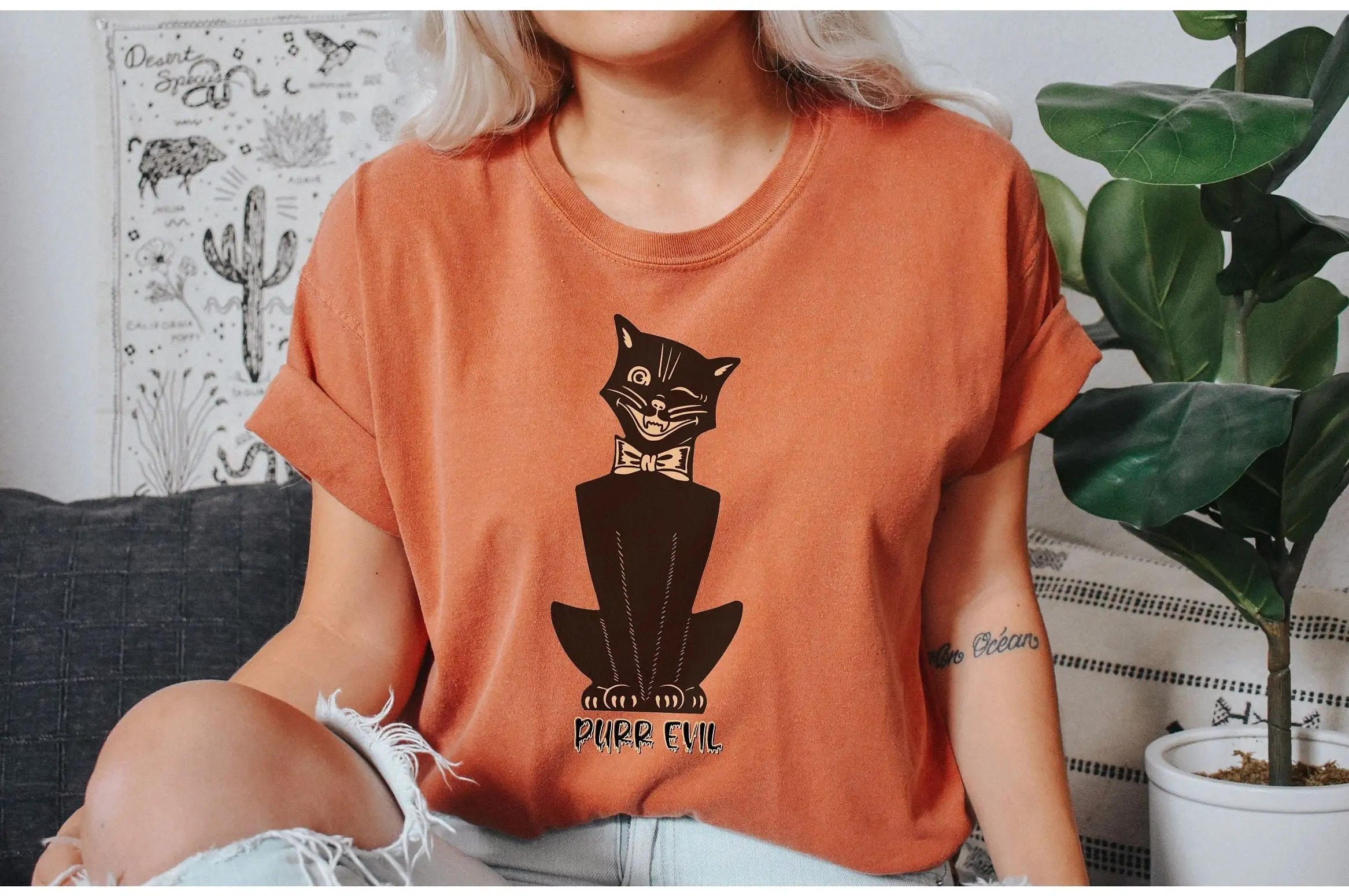 Halloween T Shirt Women's Cat Comfort Colors Purr Evil Vintage Ghost Retro Fall