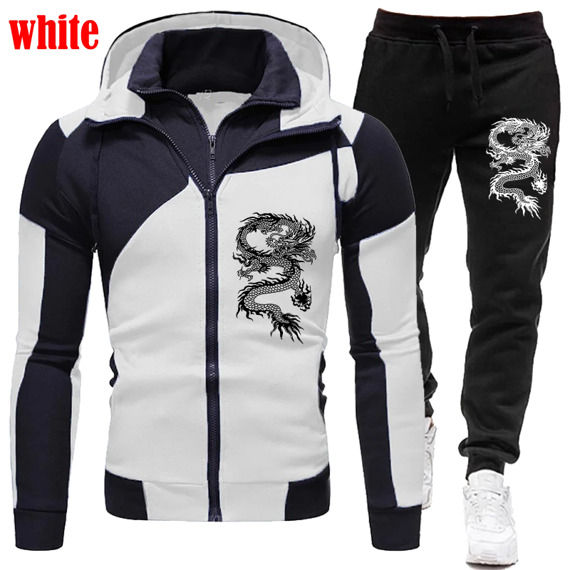 New Fashion Dragon Printed Mens Tracksuit Set Zipper Hoodie Suits Two Pieces Set Jogging Suits Sports Wear