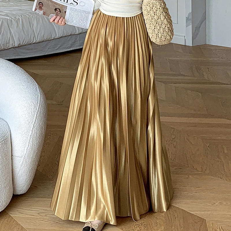 Saia longa plissada de cetim de seda brilhante moda feminina cor sólida cintura elástica a linha festa dança até o chão saia primavera verão