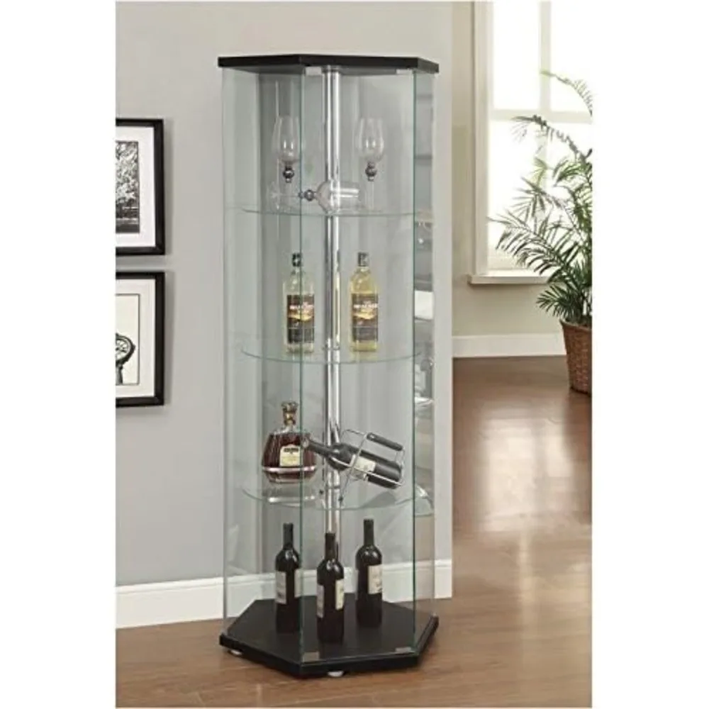 

Black Chrome Hexagonal Rounded Corner 4 Tier Glass Curio Cabinet Display Cabinet for Living Room, Bedroom, Office, Show Case