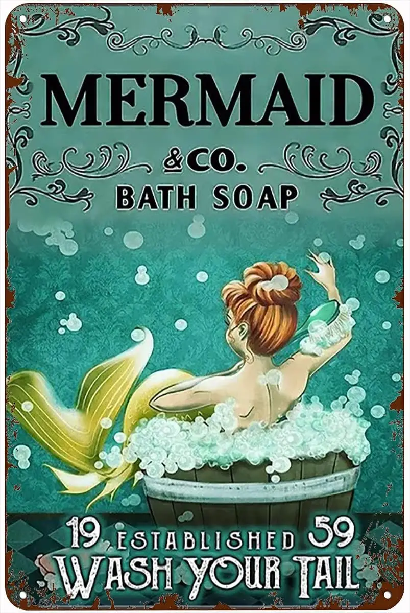 Rustic Metal Wall Art Decor Antique Metal Sign Funny Mermaid Bathroom Mermaid Bath Soap Wash Your Tail Tin Sign Vintage Decorati
