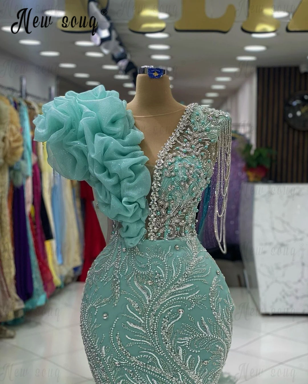 Ruffles turquesa vestido de festa com borla longa para mulheres, maxi sereia árabe, vestidos de baile de luxo, 2024