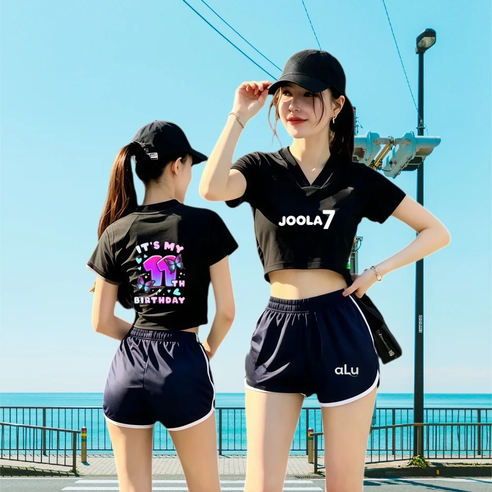 

【 Dopamine Hot Girl Set 】 JOOLA7 Printed V-neck crop top short sleeved+contrasting sports shorts two-piece set, American college