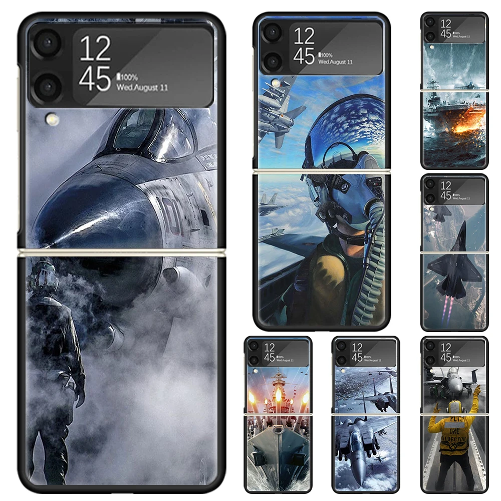 Military Aircraft Warship Fighter Hard PC Phone Case For Samsung Galaxy Z Flip 6 5 4 3 Black Cover ZFlip6 Flip5 Flip4 5G Foldabl