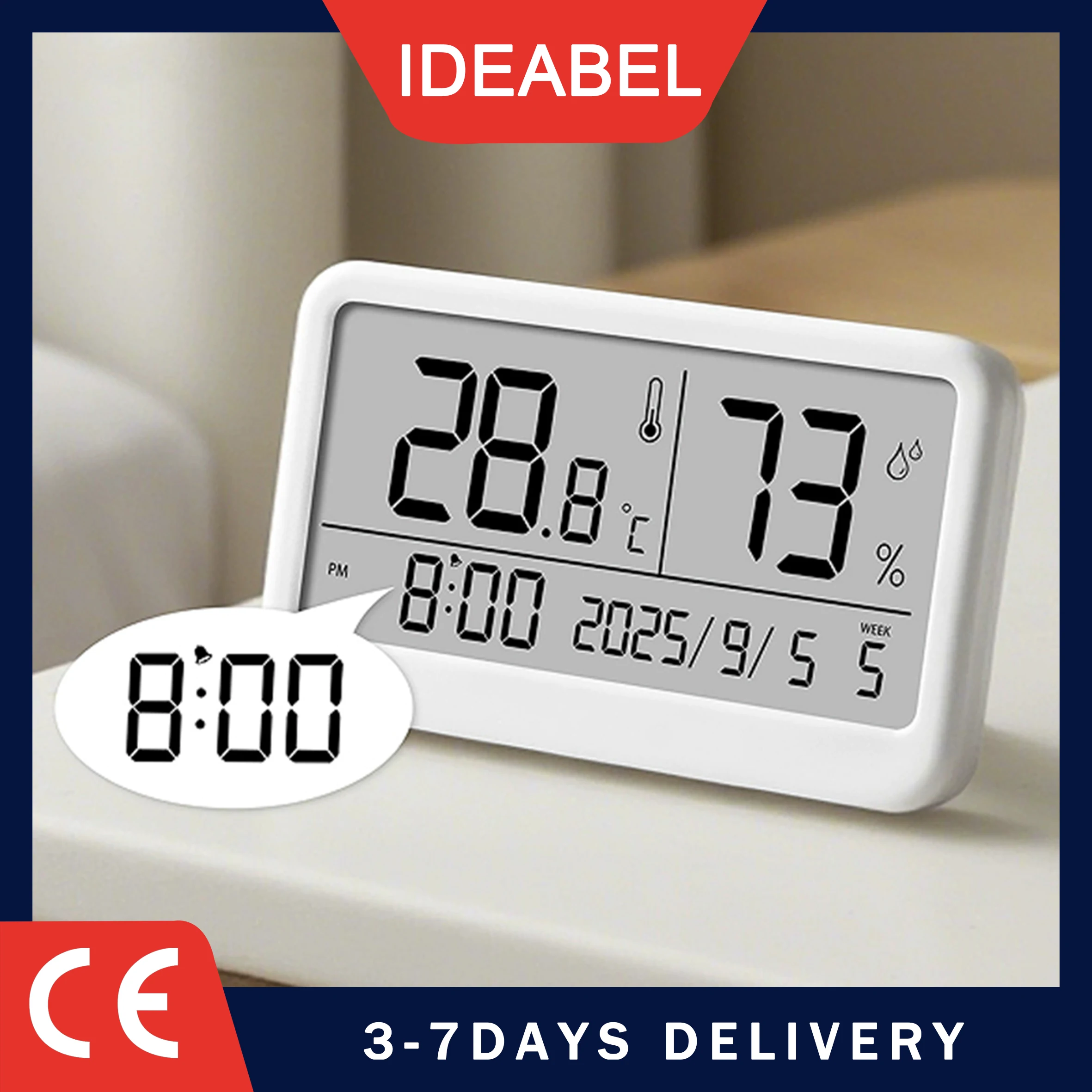 IDEABEL Multifunction LCD Humidity and Temperature Gauge Digital Wall Clock Ultra‑Thin Large Screen Temperature Hygrometer