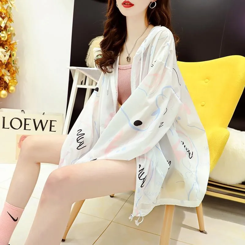 Fashion Print Ijs Zijde Zonbescherming Kleding Vrouwen Zomer Capuchon Lange Mouw Jasje Sjaal Anti-Uv Wilde Ademende Jas H2250