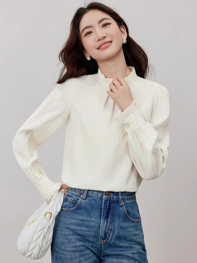 SENTUBILA 여성용 쉬폰 블라우스 2025 가을 신상 퍼프 슬리브 스탠드 칼라 여성 출근용 우아한 탑 루즈 풀오버 153CA2413