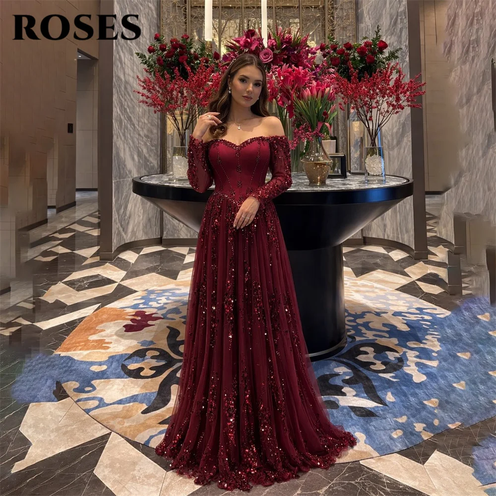 ROSES Burgundy Prom Dresses Off the Shoulder Long Sleeve Celebrity Dress Beading On Chest Evening Dress with Sequin Customized