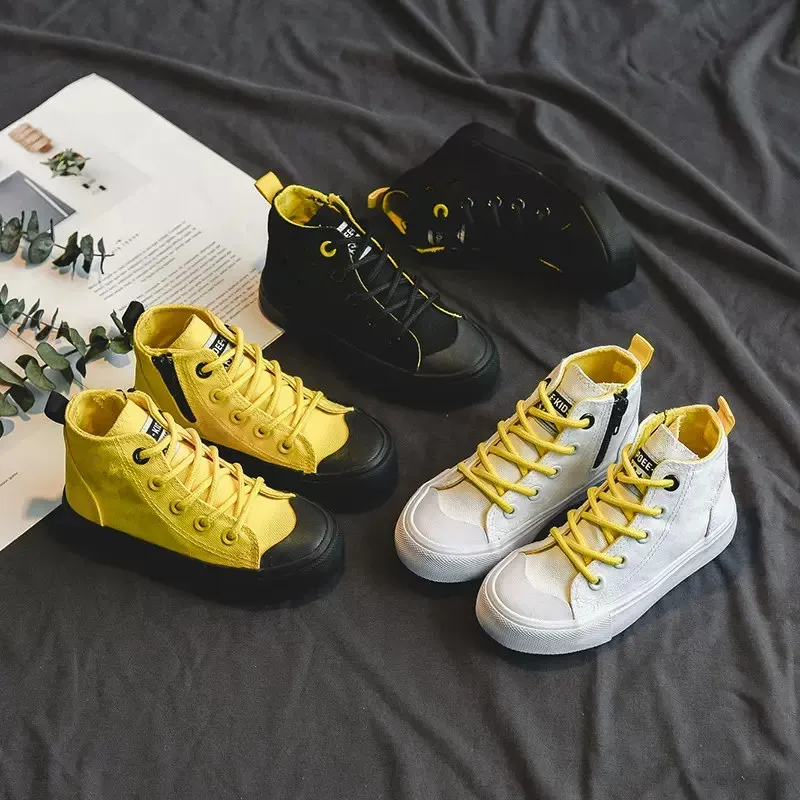 0303 High Top Lace Up Solid Color Children's Canvas Shoes, Breathable and Fashionable Board Shoes for Boys and Girls, Soft Sole