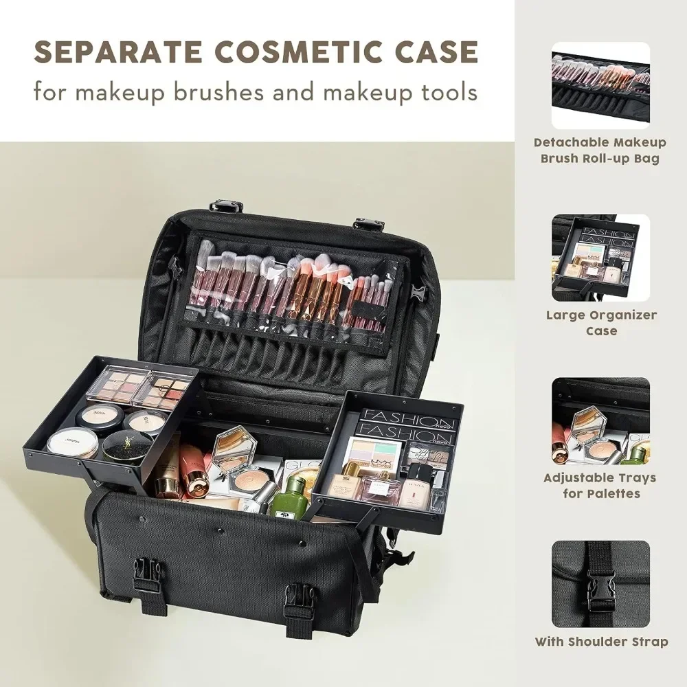 Professional Makeup Case, 2in1 Travel Makeup Rolling Case Soft Sided Cosmetology Train Case with Wheels Makeup Artist